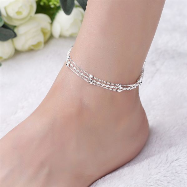 

fashion 925 sterling silver anklet fine jewelry bead simple foot chain for women girl s925 silver ankle chain leg bracelet, Red;blue