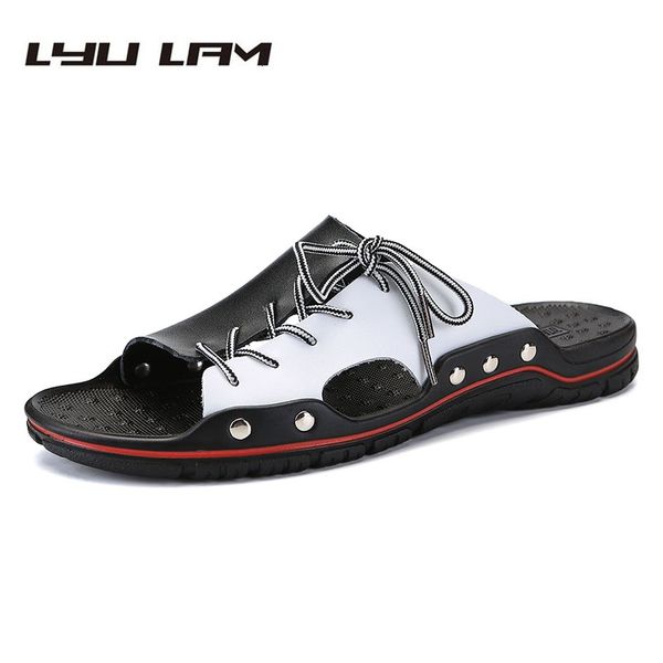 

genuine leather summer slippers cross-tied outdoor breather slides summer beach men slippers fashion shoes size 38-48, Black
