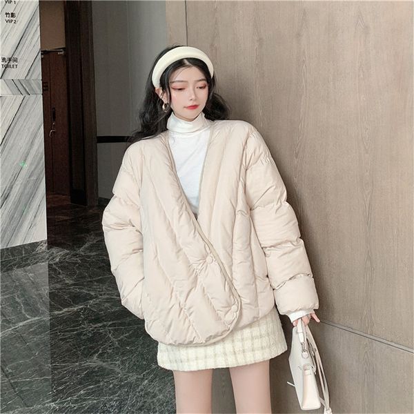 

korean fashion chic deep v neck cotton coats women retro black beige slim warm thick coat female winter casual parkas jackets
