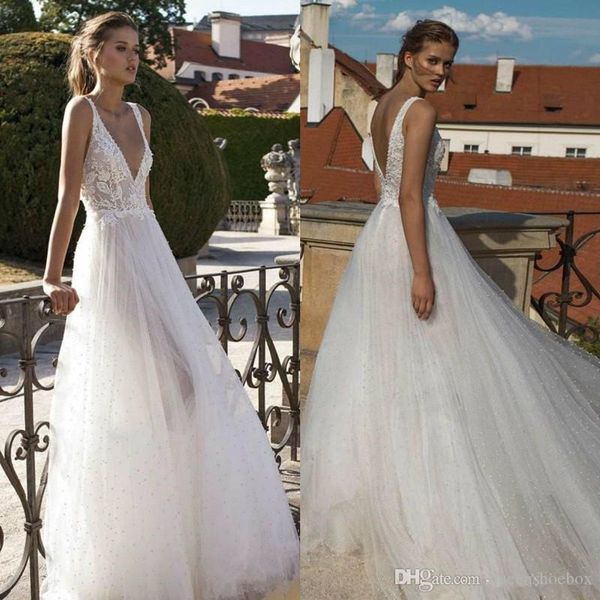 Sexy Bohemian A Line Wedding Dresses V profundo Neck Lace frisada Spaghetti Backless Andar do casamento do comprimento do vestido vestidos de noiva robe de mariée