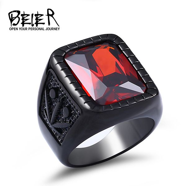 

beier 316l stainless steel fashion hiphop black/red stone ring vintage rock men's ring jewelry llbr8-698r, Golden;silver