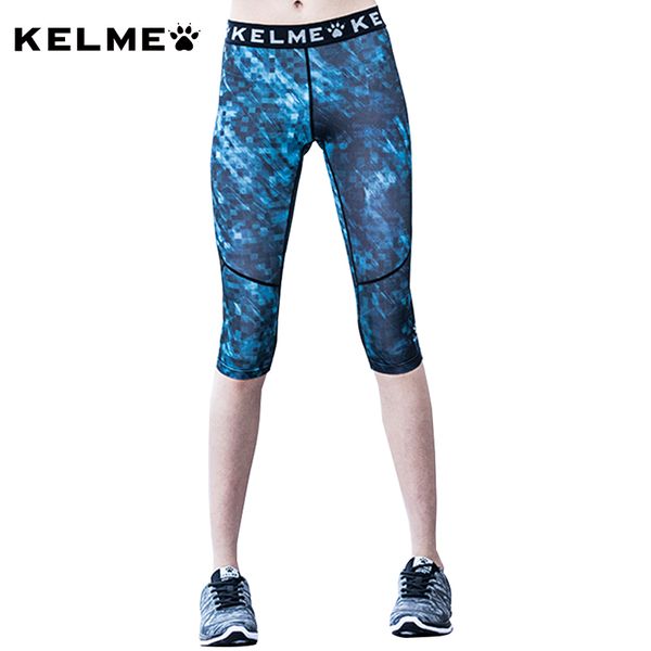 

kelme women's running tights compression yoga tights gym fitness elasticity slim capris 3/4 pants sports legging kwc161013, Black;blue