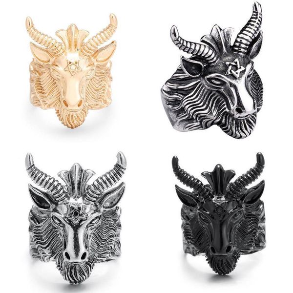 

мода мужчины панк сплава сатана рам головка кольца пять звезд позолоченные доминирование кольцо голова овцы ювелирные изделия размер 7-13, Silver