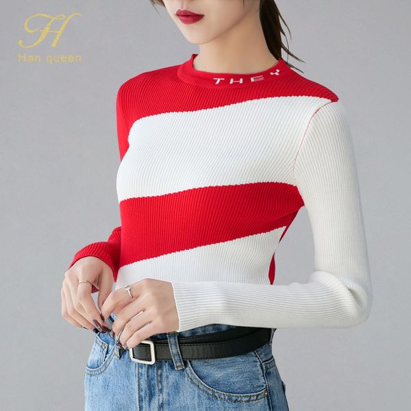 

h han queen new autumn sweet elasticity soft knitted pullover women sweater o-neck contrast color female long sleeve jumper, White;black