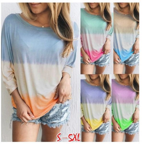 

new 2020 women's t-shirt spring and autumn women's fashion dyeing gradient long-sleeved casual shirt t-shirt large size s-5xl whol, White