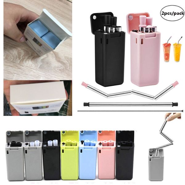 

2pc pack collap ible traw folding tainle teel traw final traw with ca e cleaning bru h reu able drinking traw kitchen hh7 1433b