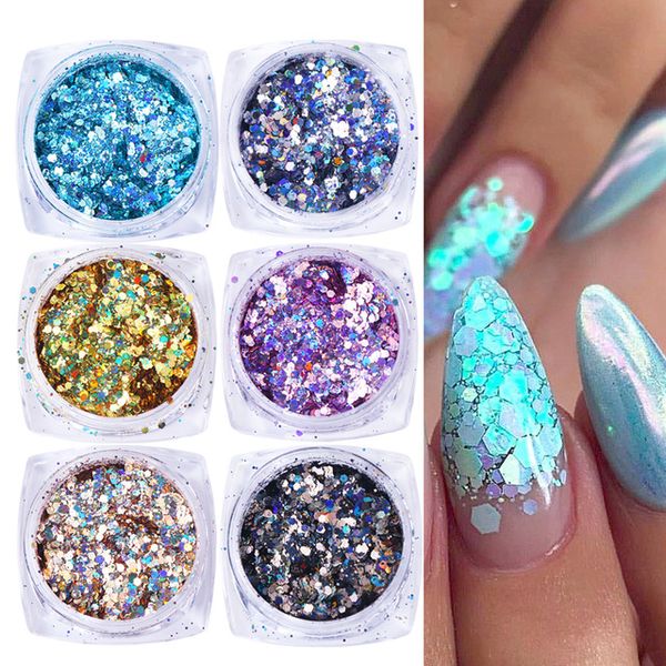 

6шт смешанные ногтей блестки блеск шестиугольник на ногтях золото голо русалка хлопья блестка 3d блестки советы для гелевого маникюра, Silver;gold