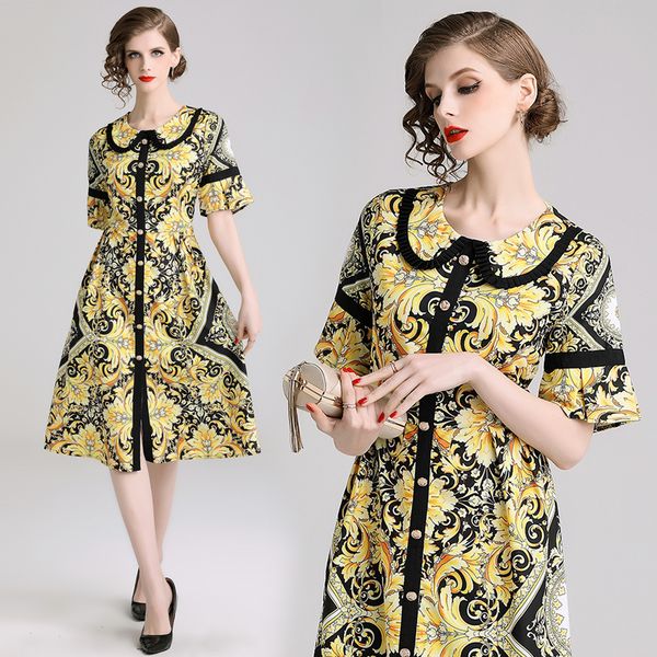 

selling women's paisley floral print long sleeve ruffle neck shirt dress plus size office lady slim runway party evening dresses, Black;gray