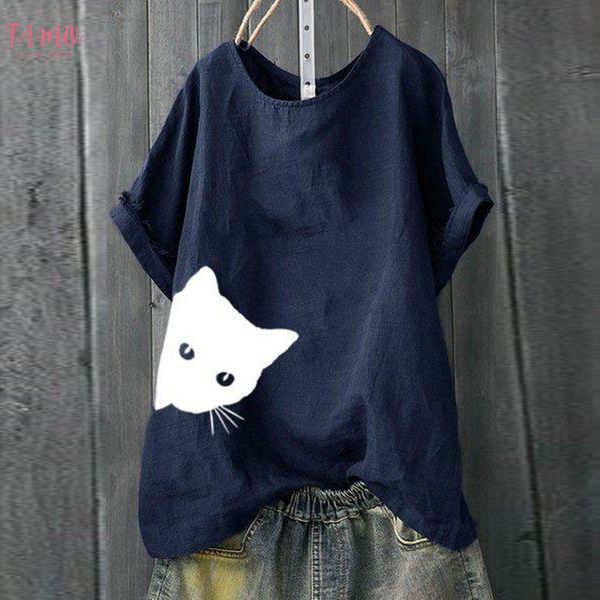 

casual tshirt women plus size solid cat print loose short sleeve shirt women tshirt short sleeve cotton summer p35, White