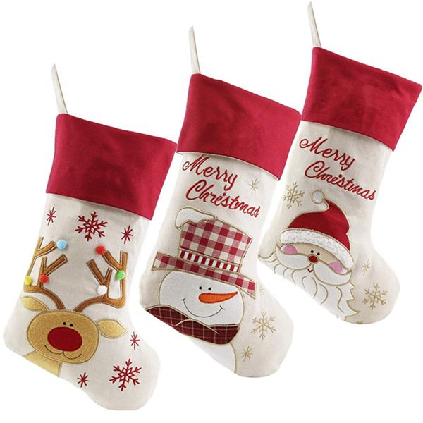 

ialj lovely christmas stockings set of 3 santa, snowman, reindeer, xmas character 3d plush linen hanging tag knit border