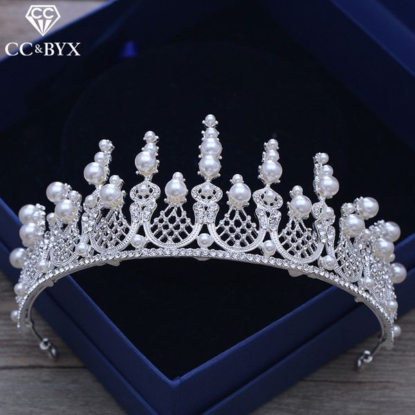 

cc big tiaras and crwons hairband pearl romantic engagement wedding hair accessories for bride jewelry rhinestone cz beads xy123, Golden;white