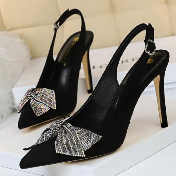 

european america style plus size women pointed toe back strap sandals super high heels ladies bowknot crystal pumps 200503, Black