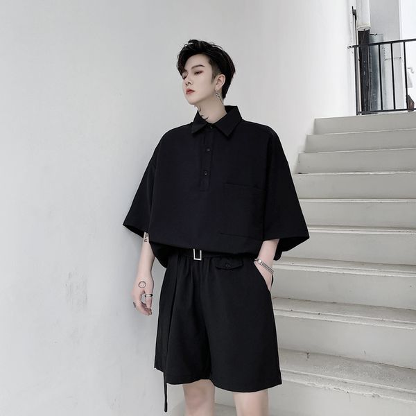 

new male pullover japan karajuku streetwear retro fashion shirts men 2 pieces sets (shirt+shorts) loose short sleeve shirt, White;black