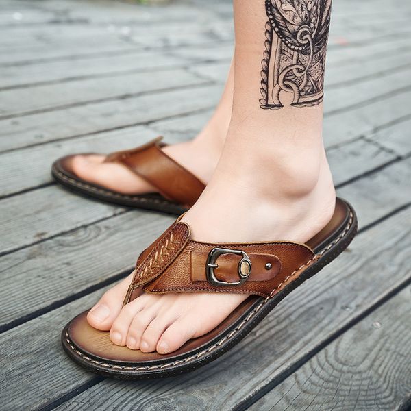 

new genuine leather arrival summer men flip flops beach sandals non-slip t05, Black