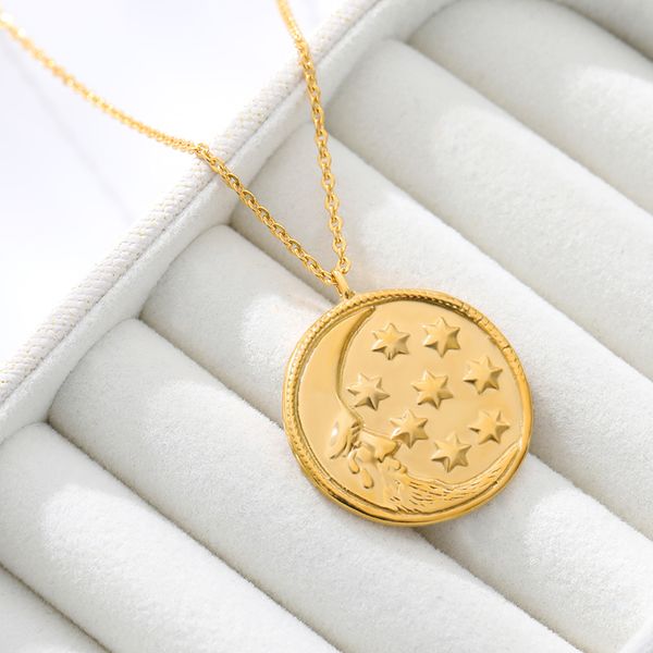 

vintage portrait coin star moon pendant necklace gold color star moon necklace for women boho jewelry stainless steel collier, Silver