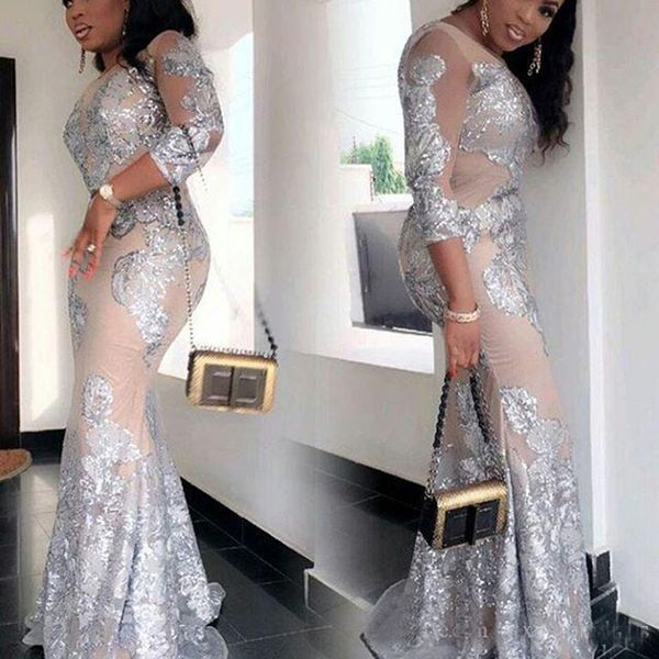 

South African Plus Size Prom Dresses 2019 Sexy See Through Silver Lace Applique Evening Gowns Mermaid Sheer Long Sleeve Party Vestidos