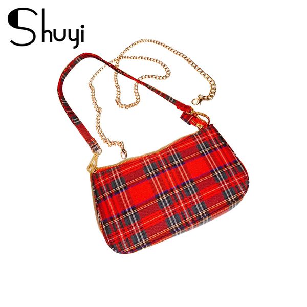 

shuyi 2020 vintage retro bags ladies hand bags french plaid red bag woman elegant small bolsa shoulder