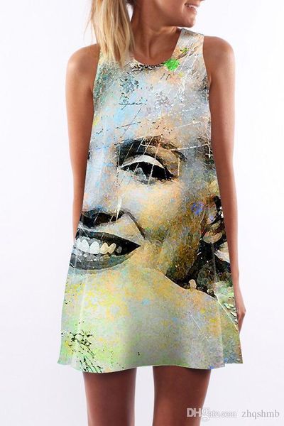 

женское платье с круглым вырезом лето новый стиль sexy sling без рукавов hip wrap lady monroe с принтом портретной юбки повседневные платья, Black;gray