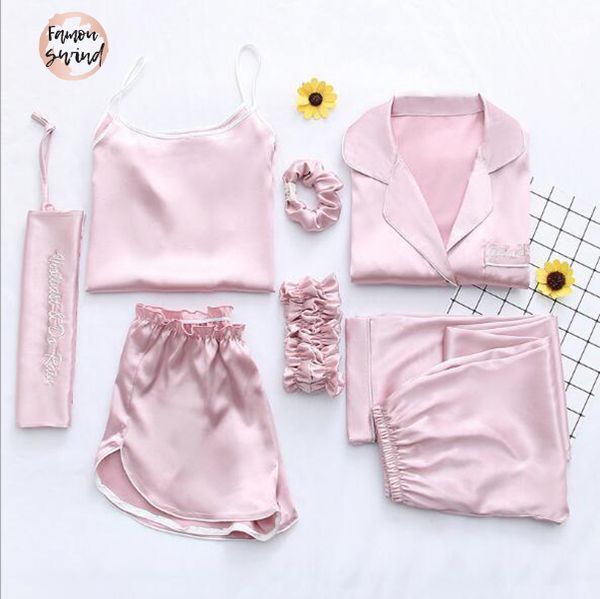 

одежда пижамы sexy home pijama 7 шт пижама для женщин ночной шелковый костюм наборы пижамы женщин весна лето q1047, Black;red