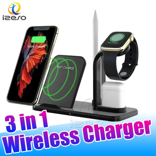 Dock station per caricabatterie wireless Qi 3 in 1 da 10 W Supporto di ricarica rapida per AirPods 2 Apple Watch iPhone 12 11 Pro Charge izeso