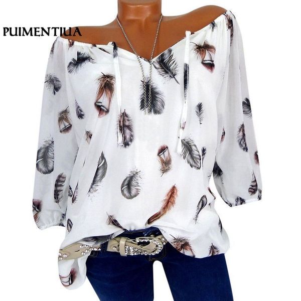 

lace блуза блуза женщина половина рукав узелок v шея перо для печати блузы ladies вскользь свободные рубашки s 5xl 2019 tee, White