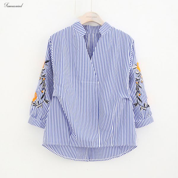 

casual striped women blouse vintage embroidery design linen long new v neck collar women shirts winter sleeves arrivals, White