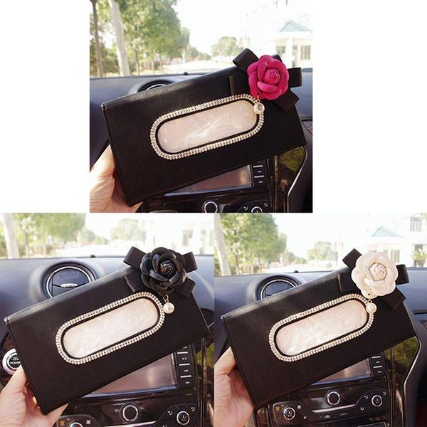 

cute flower crystal tissue box paper holder for car sun visor leather hanging auto sunvisor tissue cases car accessories