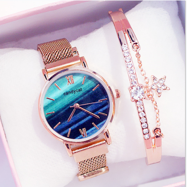

retro literary temperament ladies watch gradient color dial magnet buckle quartz suit bracelet women clocks relogios, Slivery;brown