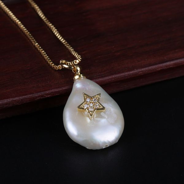 

white cz paved tiny star charm natural coin freshwater pearl bead jewelry dainty gold chain pendant choker necklace for women, Golden;silver