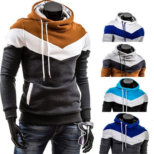 

men winter slim warm color block pullover hooded sweatshirt outwear, Black