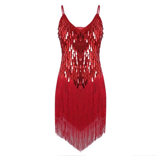 

ladies latin dance dress 1920s flapper dresses charleston gatsby party halloween tassel fringes sequin dancing competition, Black;red