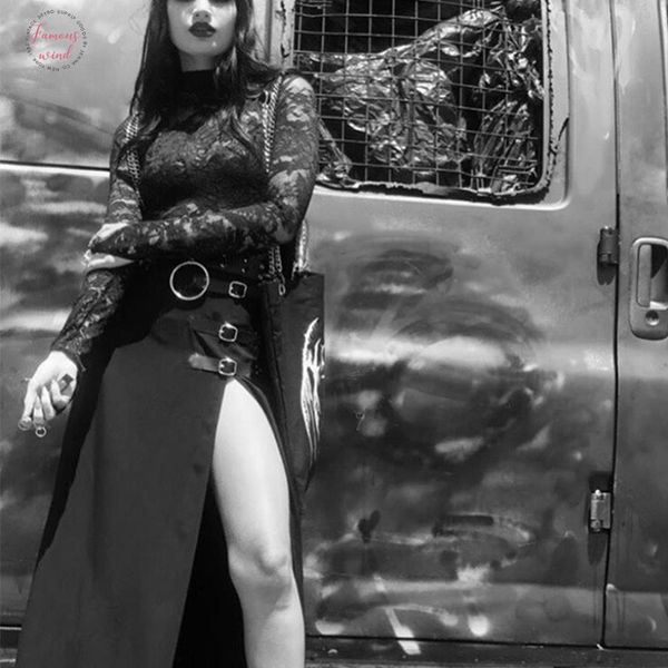 

sexy щелевых maxi свободных юбок высокой талия черных юбки женщина готических streetwear пряжка лето осень feminina юбка, Black