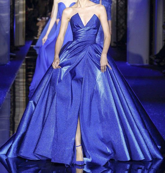 Elie Saab 2020 Couture Abiti da ballo con scollo a cuore Abito da sera blu royal Abito lungo con strascico Robes De Soir￩e