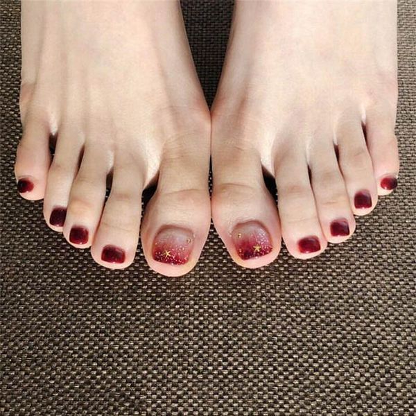 

24pcs red star moon fake toenail short square head tablets stickers false summer diy nail with nail glue patch nails art tools, Red;gold