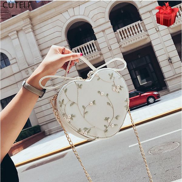 

ins floral embroidery handbag purse shoulder bag heart shaped leather chain messenger bags crossbody clutch small bag