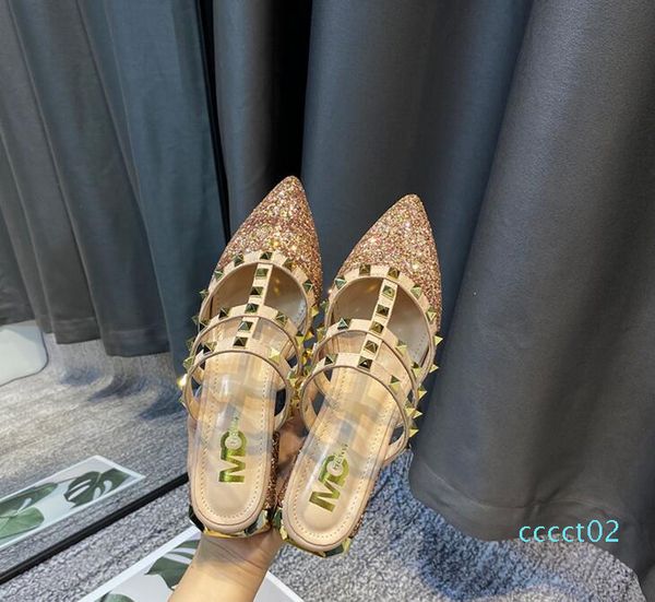 

new style rivets sandals women luxury designer party sandals fashion low heel shoes ct2, Black