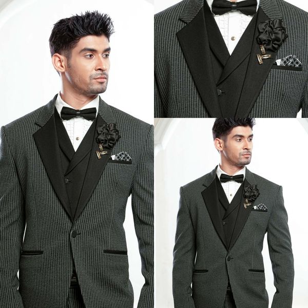 

pinstripe wedding tuxedos peaked lapel slim fit one button groom wear formal party prom men suit blazer(jacket+pants), Black;gray