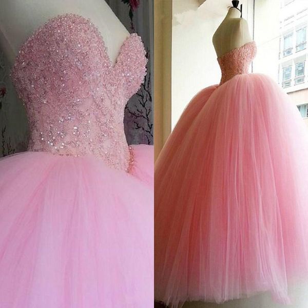

elegant pink ball gown quinceanera prom dresses sweetheart applique sequin beaded tulle long sweet 16 dress vestidos de dress, Blue;red
