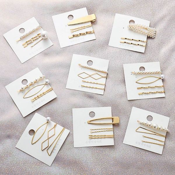 

1 set minimalist korean style vintage bobby pins women metallic gold faux pearl decor hair clips girlsl geometric wavy barrettes