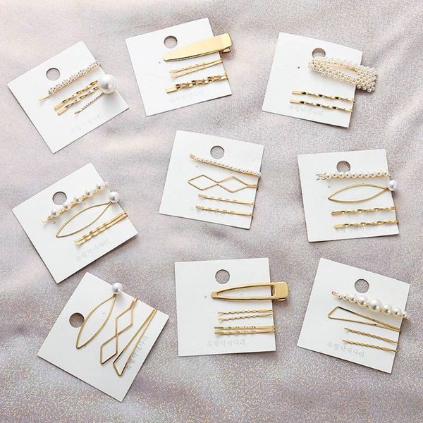 

1 set minimalist korean style vintage bobby pins women metallic gold faux pearl decor hair clips girlsl geometric wavy barrettes