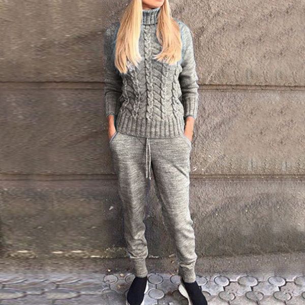 

2019 women sweater suit casual knit pullovers 2 piece sets suits ladies casual knitted trousers+jumper sets, White