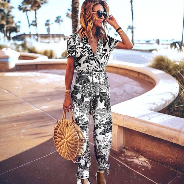 

vintage floral women short sleeve jumpsuit spring 2020 deep v neck ruffle bandage romper retro vacation jumpsuits, Black;white