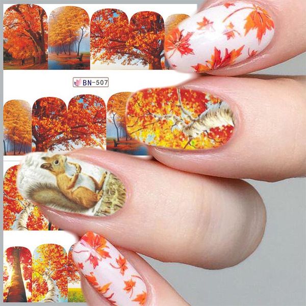 

12pcs gold leaf maple nail stickers autumn water transfer decals nail art sliders for manicure adhesive tattoos tips, Black