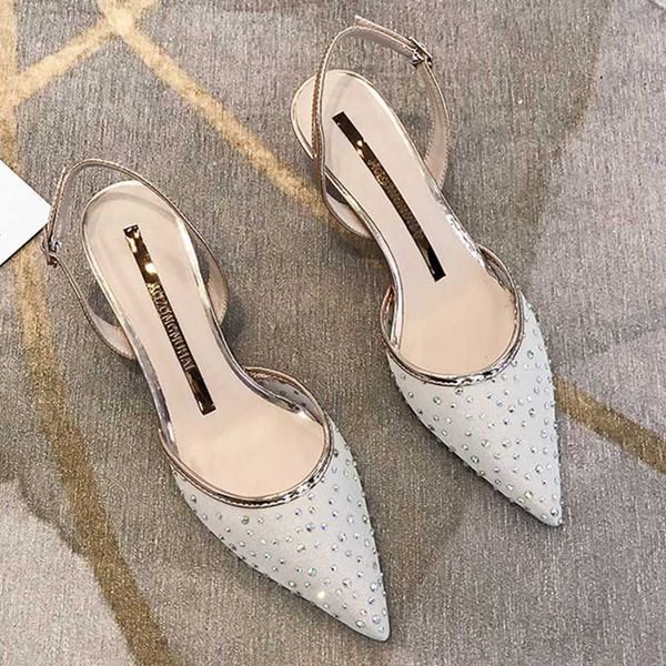 

фея кристалл дышащий кружева заостренные носком сандалии женщин тонкие высокие каблуки обуви женщины покрывают носок slingback сетки femmes, Black