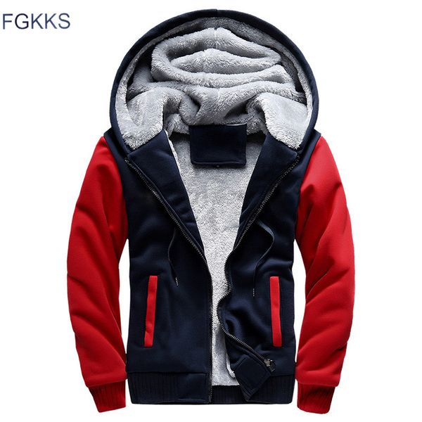 

fgkks men hoodie winter fashion brand men hooded sweatshirt coat mens warm fleece thick splice casual hoodie, Black