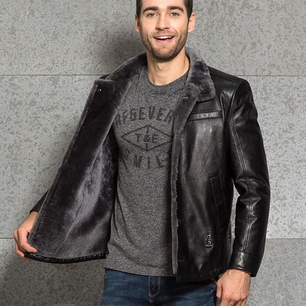 

italy winter runway genuine leather mens jacket wool fur lining punk jaqueta de couro slim fit single breasted motorcycle coats, Black