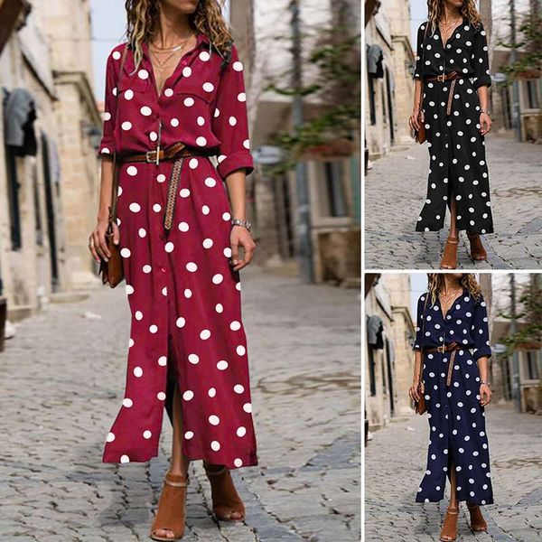 

women long maxi dress bohemian vestidos zanzea 2020 fashion ladies casual lapel buttons sundress polka dot printed party dress 7, Black;gray