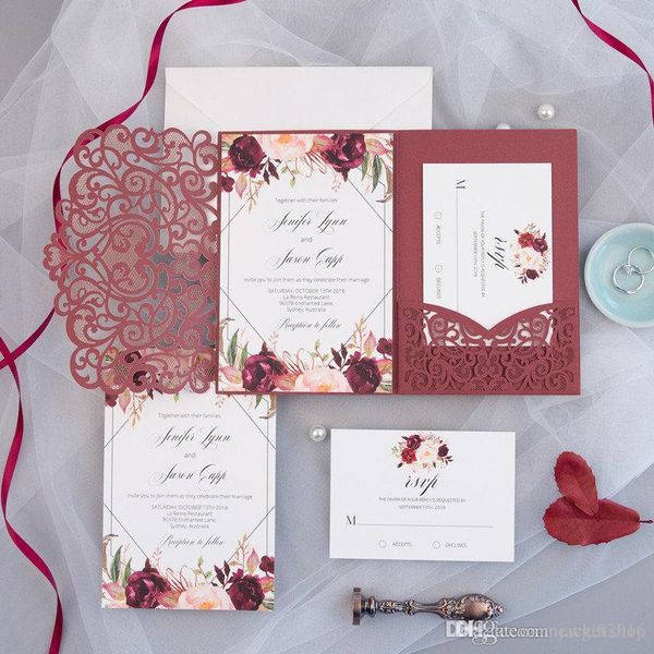 free shipped by dhl 2019 elegant burgundy laser cut pocket wedding invitations with envelope sweetheart party invites free printing unique wedding unique party invites