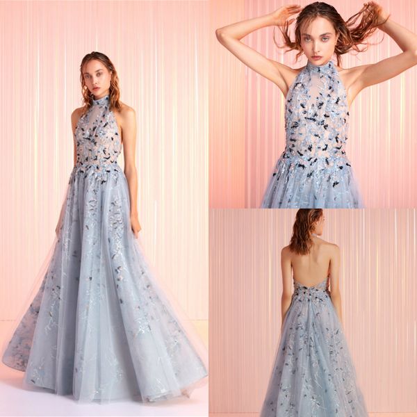 

2020 tony ward light blue evening dresses tulle appliqued a line formal prom gowns backless sweep train custom made halter party dress, Black;red