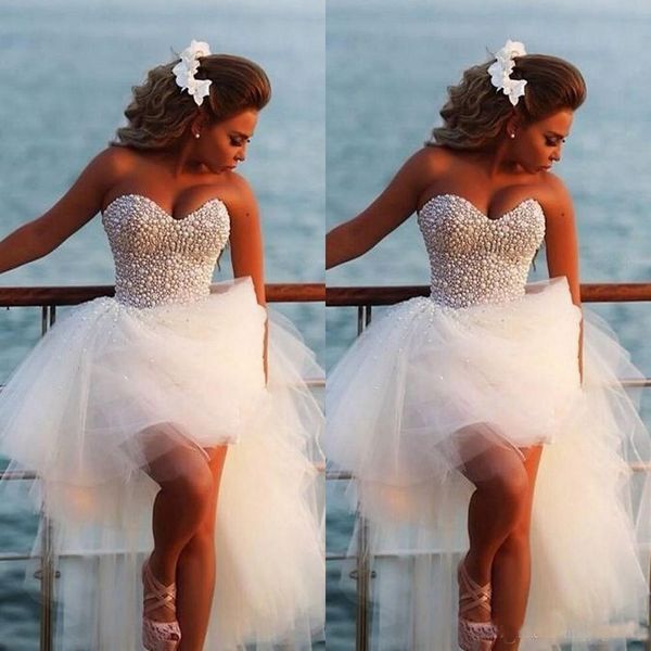 

2019 Charming Beach Wedding Dresses Sweetheart Full Pearls Top Diamonds High Low Tulle Bridal Gowns Bohemian Plus Size Wedding Dress